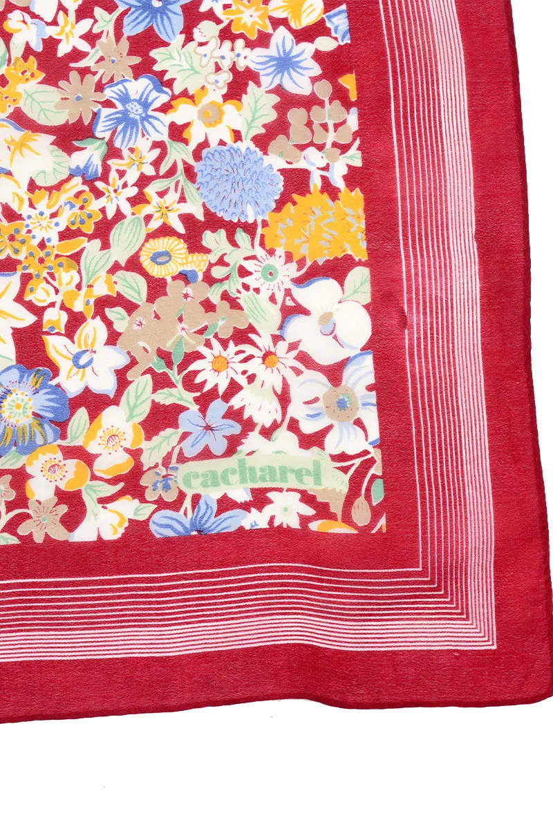 1970s Cacharel Red Floral Silk Blend Square Scarf