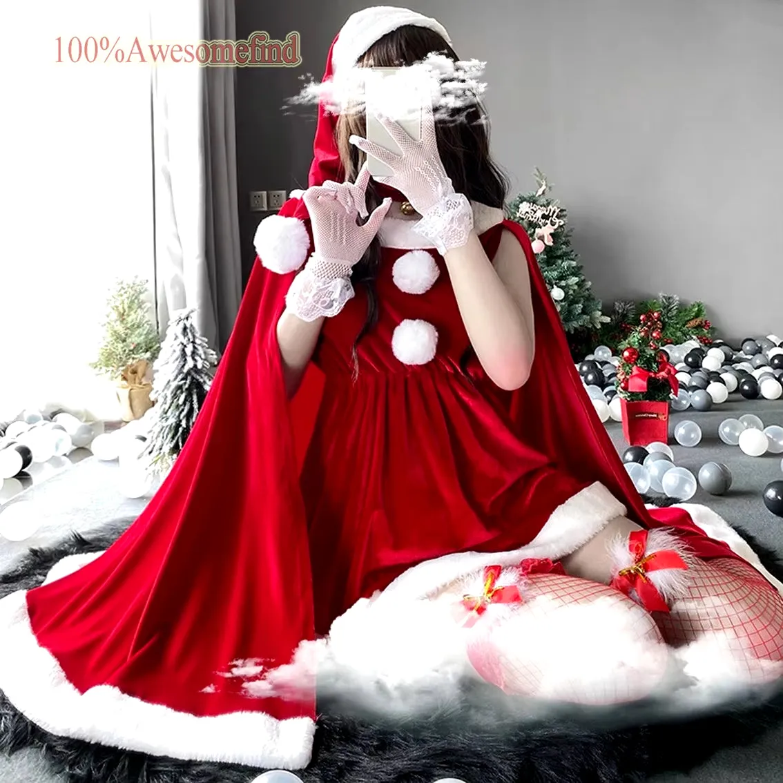 2021 Women Christmas Xmas Party Sexy Lady Santa Claus Cosplay Costume Lingeries Winter Red Dress with Cape Maid Uniform