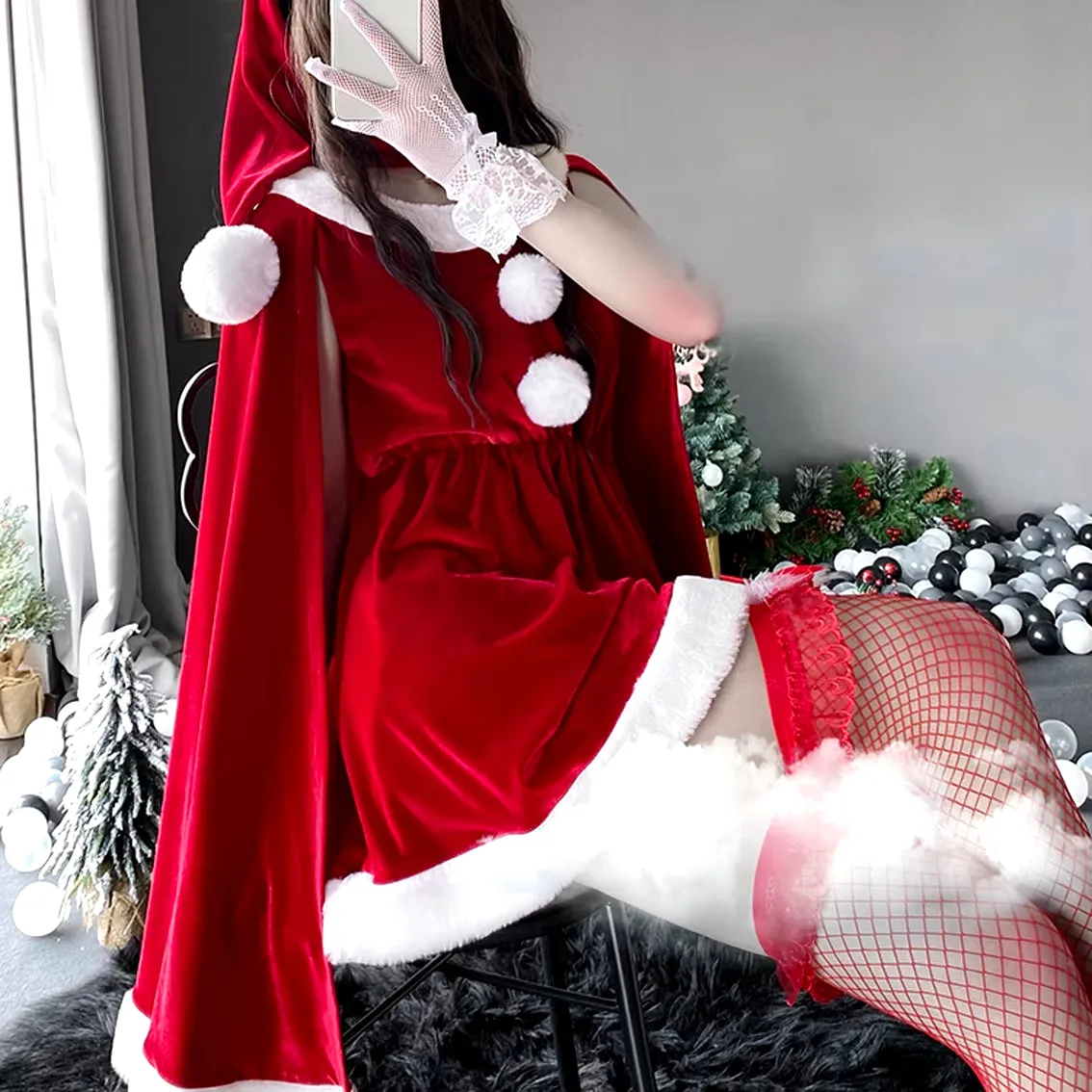 2021 Women Christmas Xmas Party Sexy Lady Santa Claus Cosplay Costume Lingeries Winter Red Dress with Cape Maid Uniform