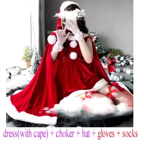 2021 Women Christmas Xmas Party Sexy Lady Santa Claus Cosplay Costume Lingeries Winter Red Dress with Cape Maid Uniform