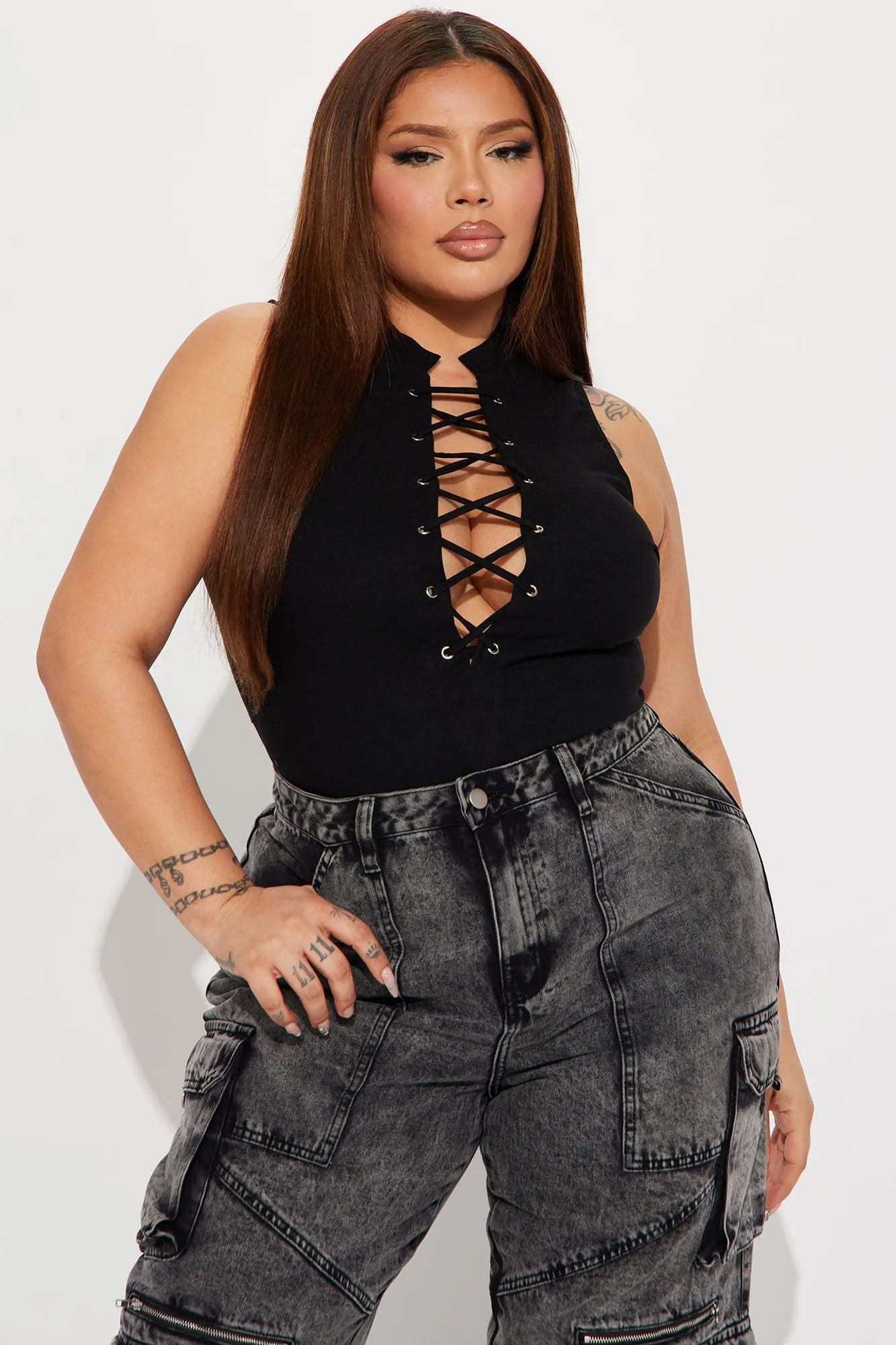 All Needs Met Lace Up Bodysuit - Black