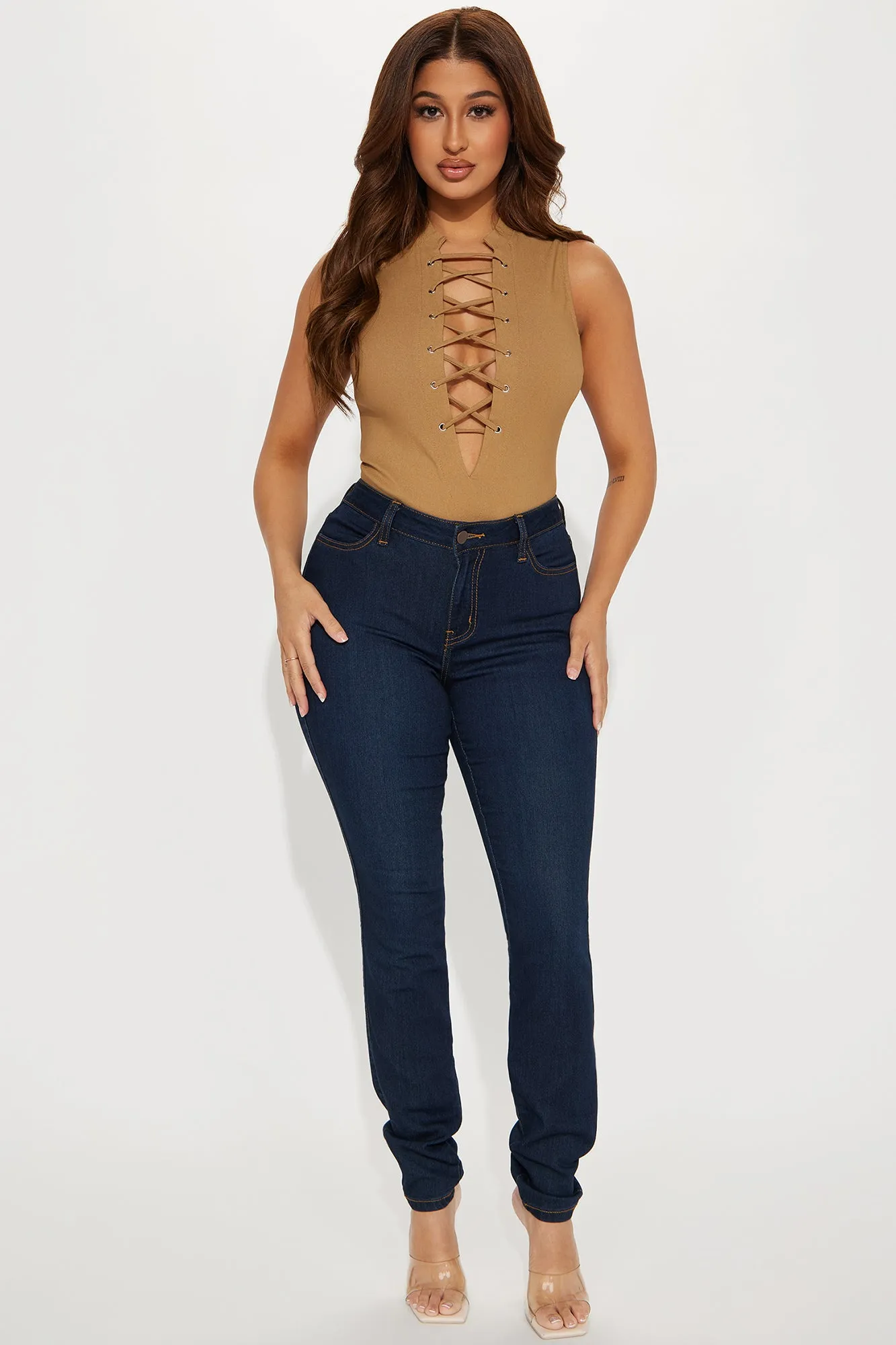 All Needs Met Lace Up Bodysuit - Taupe