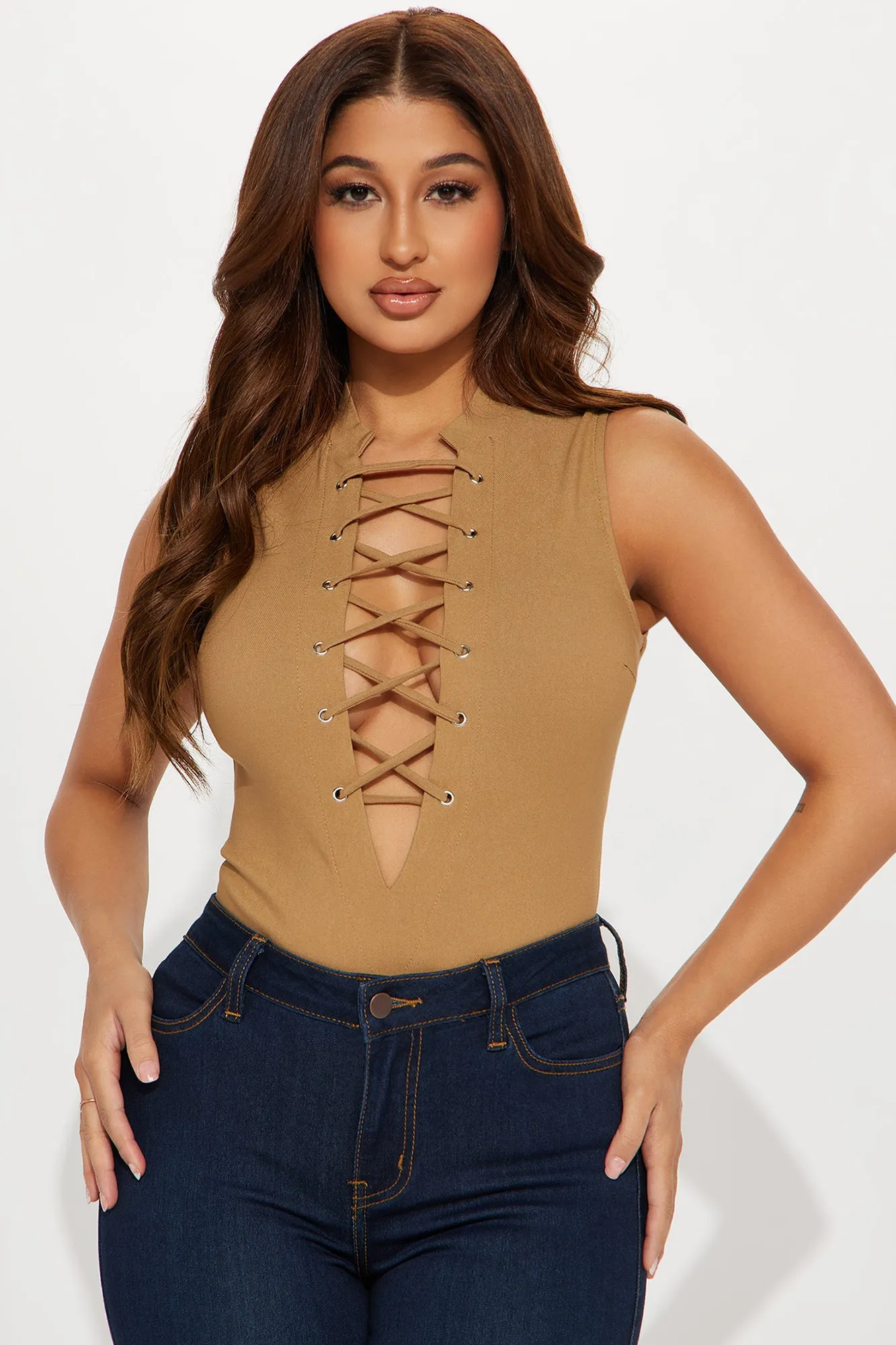 All Needs Met Lace Up Bodysuit - Taupe