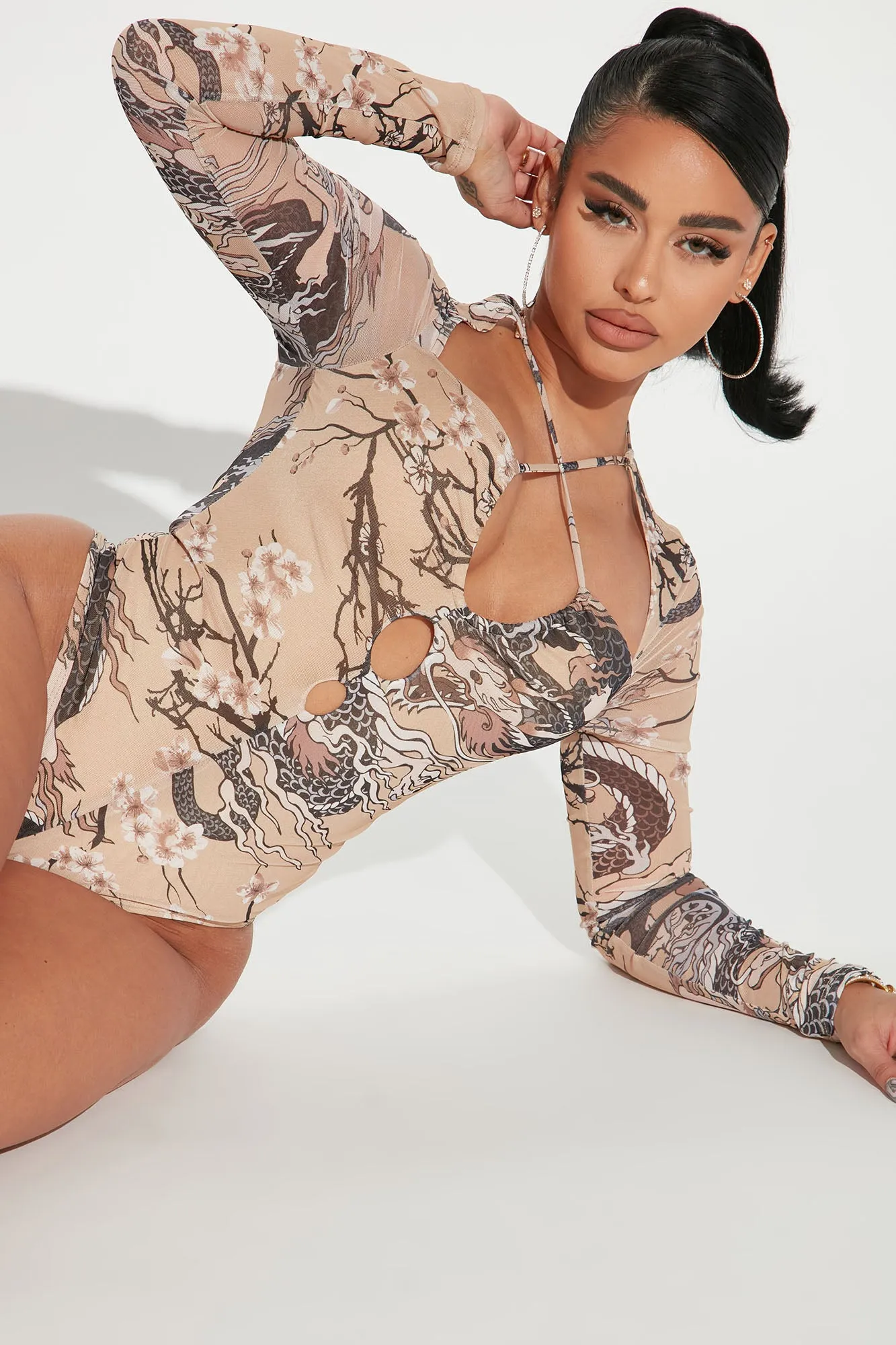 Always Slaying Mesh Bodysuit - Taupe/combo