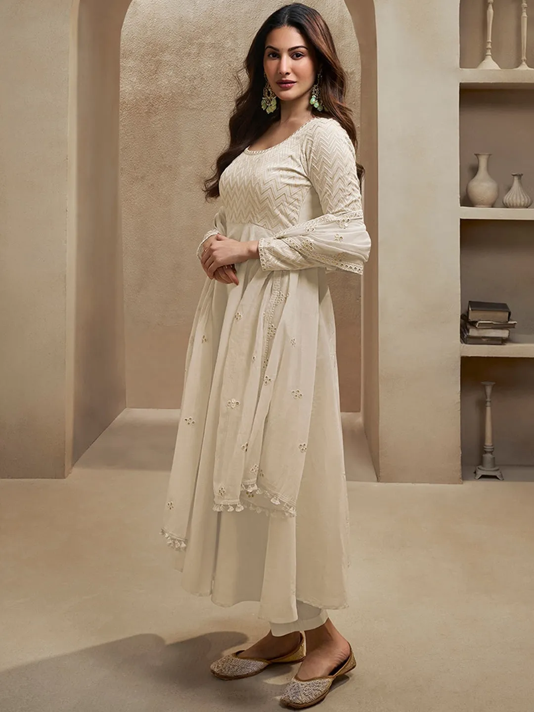 Amyra Dastur Off white Sequinned Embroidered Empire Thread Work Anarkali Kurta with Trousers & Dupatta