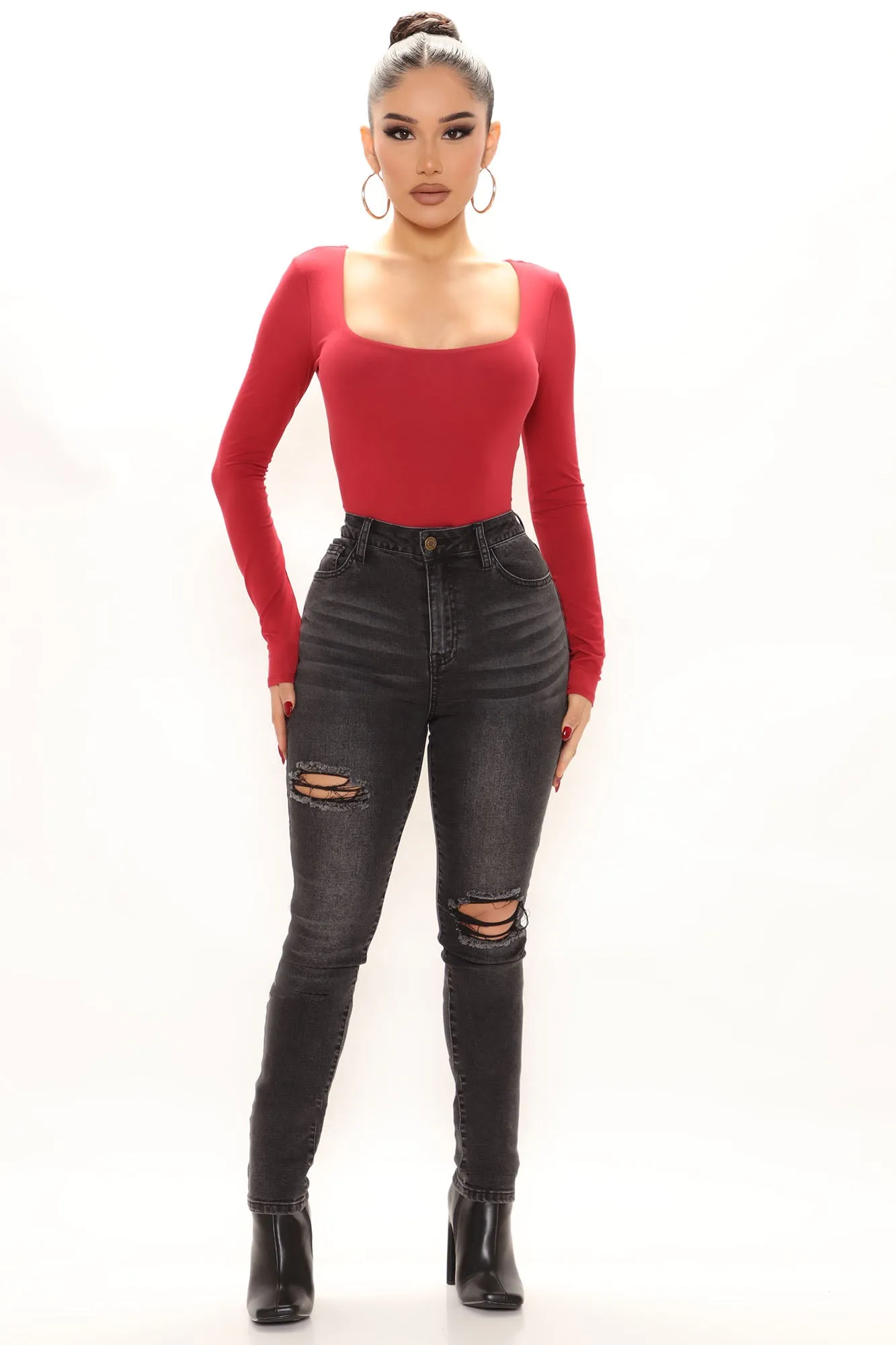 Anything But Square Long Sleeve Bodysuit - Burgundy