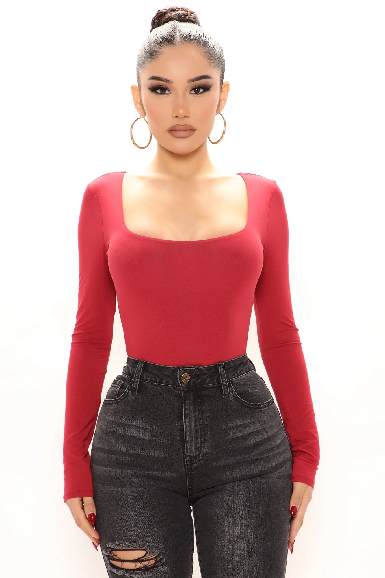 Anything But Square Long Sleeve Bodysuit - Burgundy