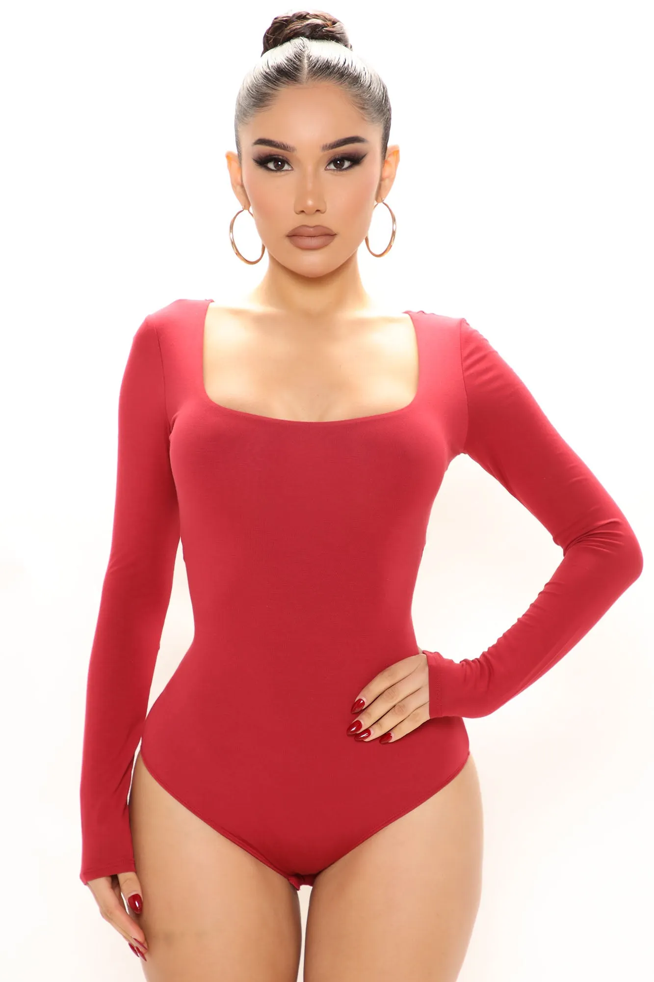 Anything But Square Long Sleeve Bodysuit - Burgundy