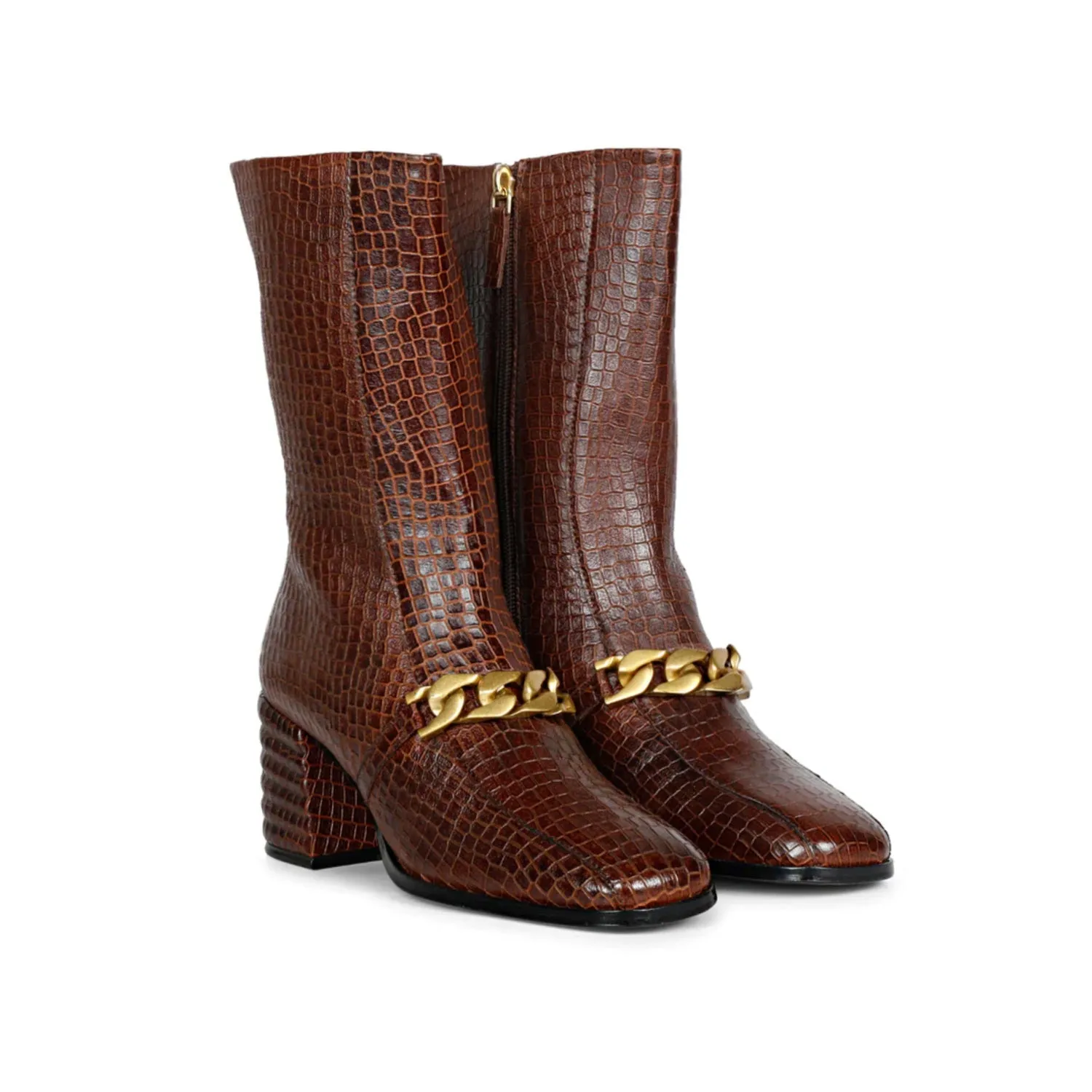 Ava Brown Snake Embossed Leather Calf Boots