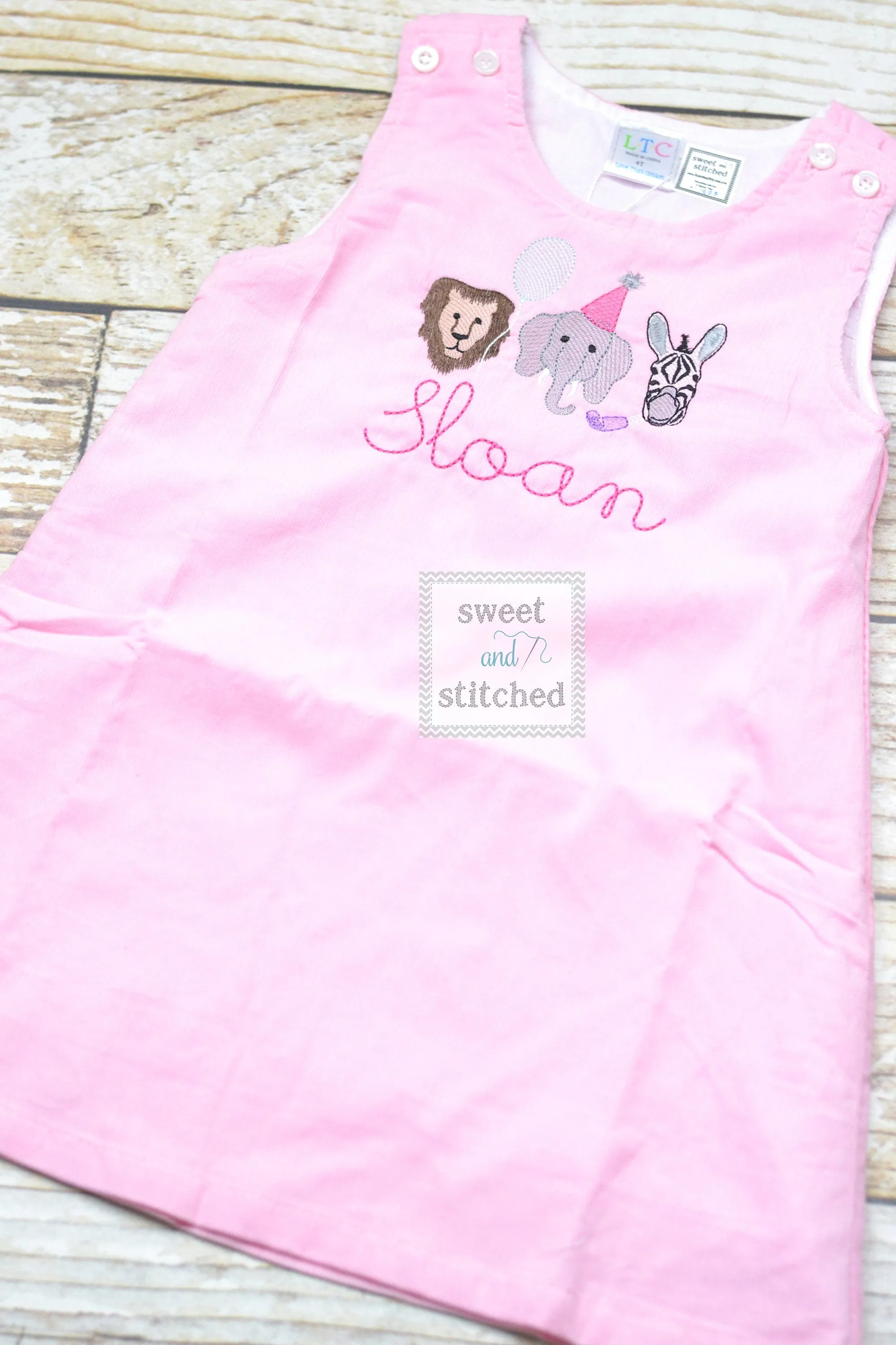 Baby girl monogrammed zoo birthday jumper dress, monogrammed zoo birthday party outfit, zoo birthday cake smash