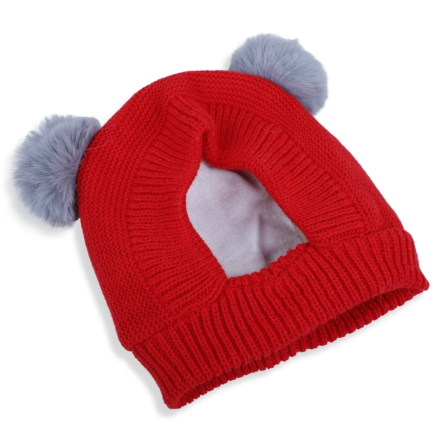 Baby Moo Adorable Pom Pom Knitted Beanie Woollen Cap - Red