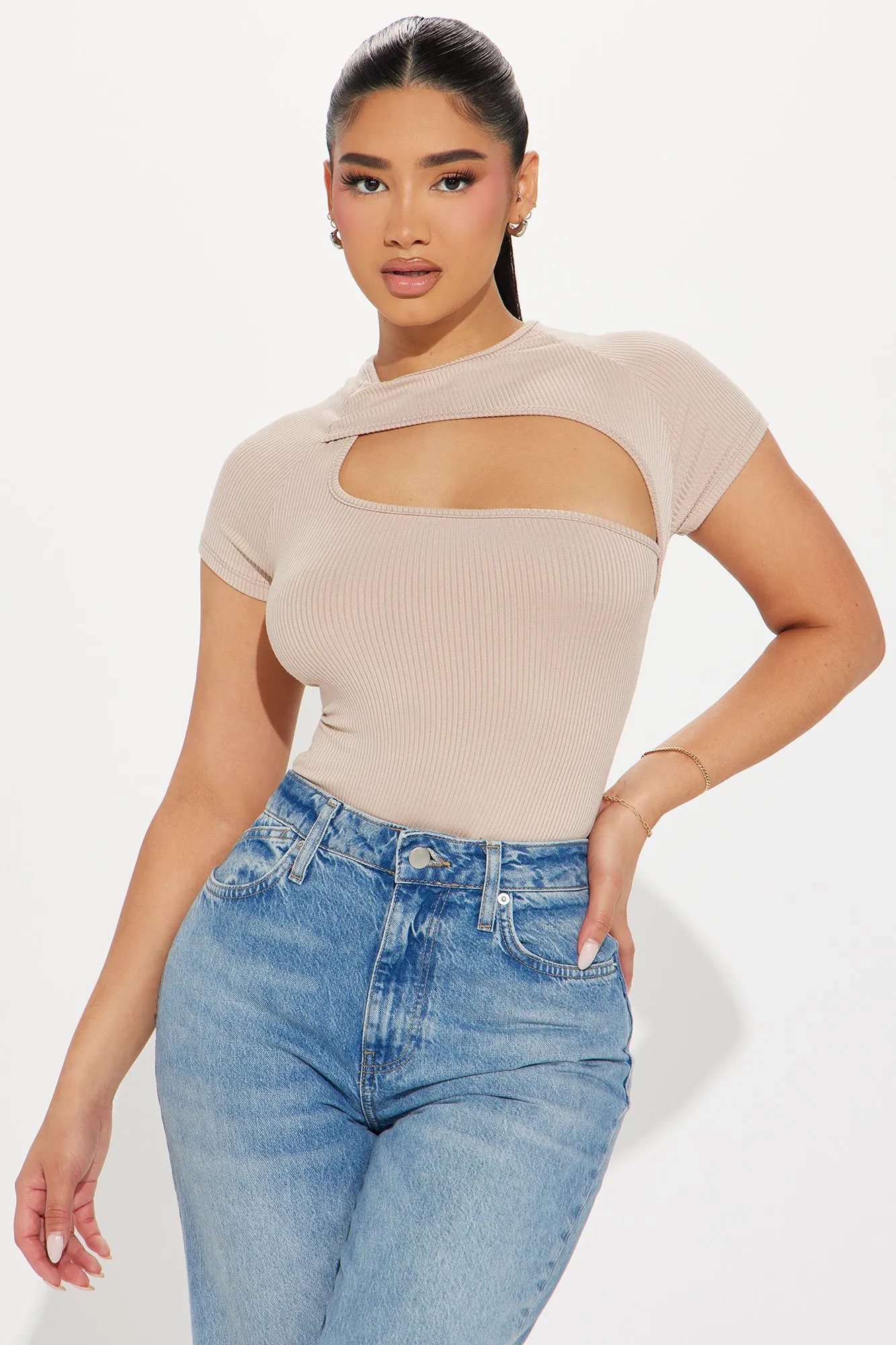 Back Again Short Sleeve Bodysuit - Taupe