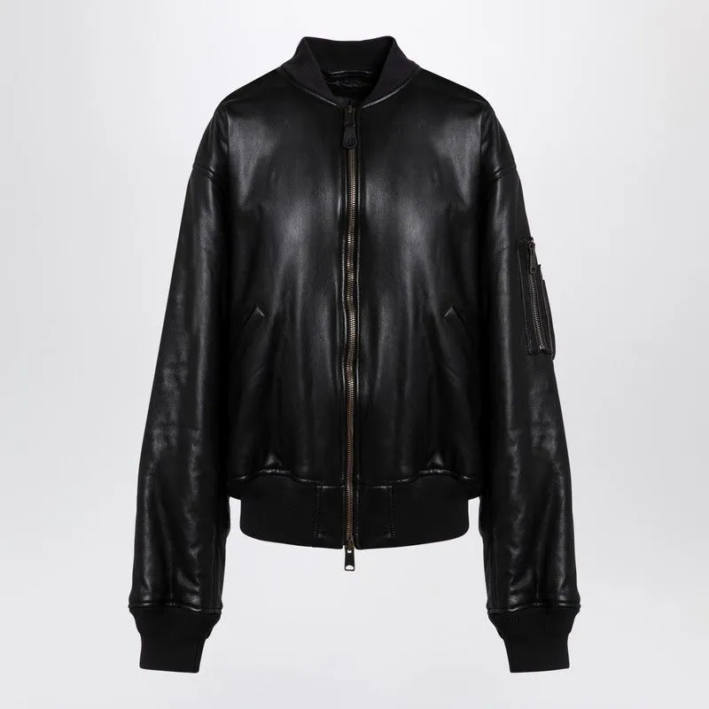 BALENCIAGA Oversized Black Leather Bomber Jacket