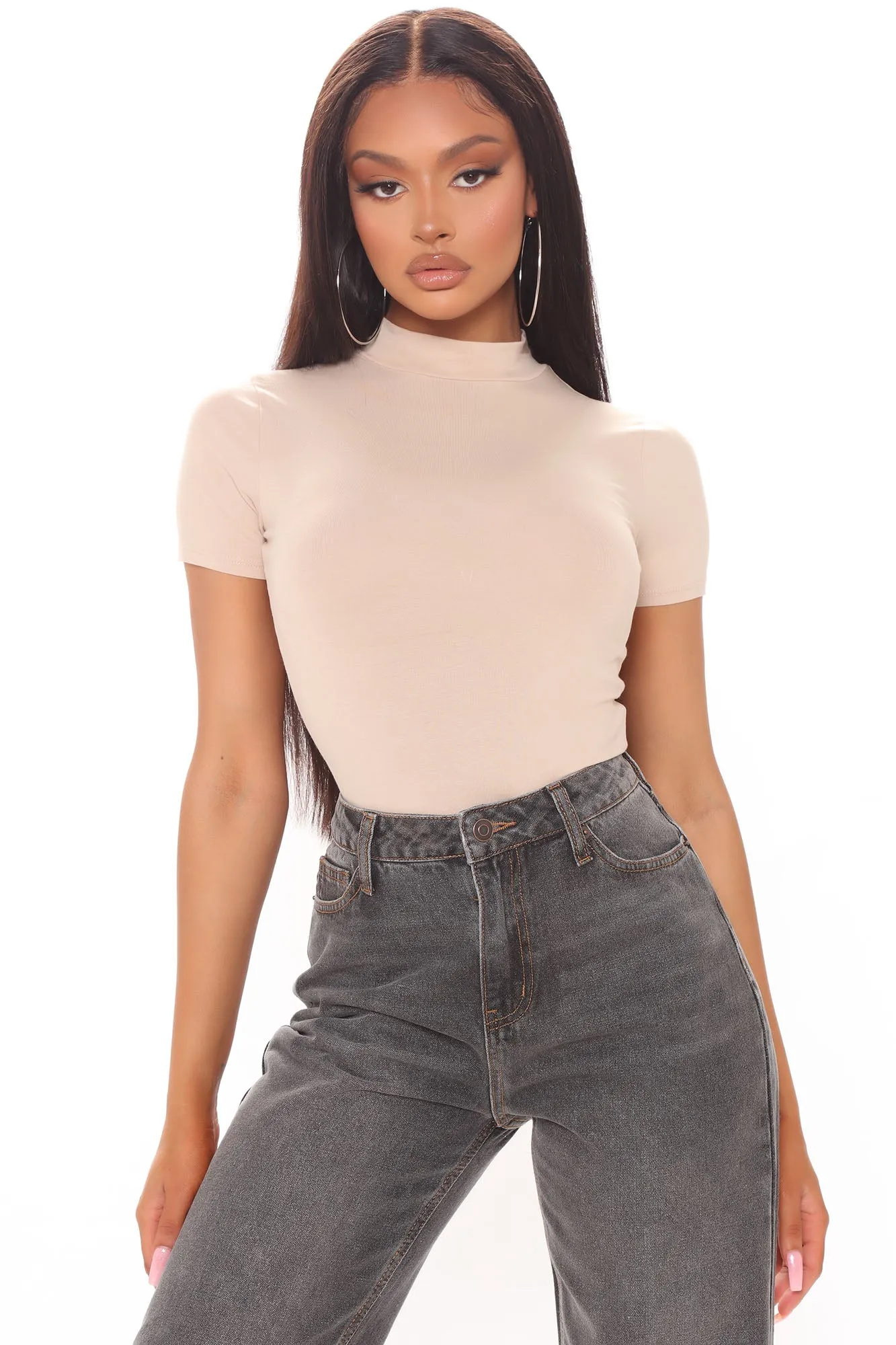 Basic Mock Neck Bodysuit - Taupe