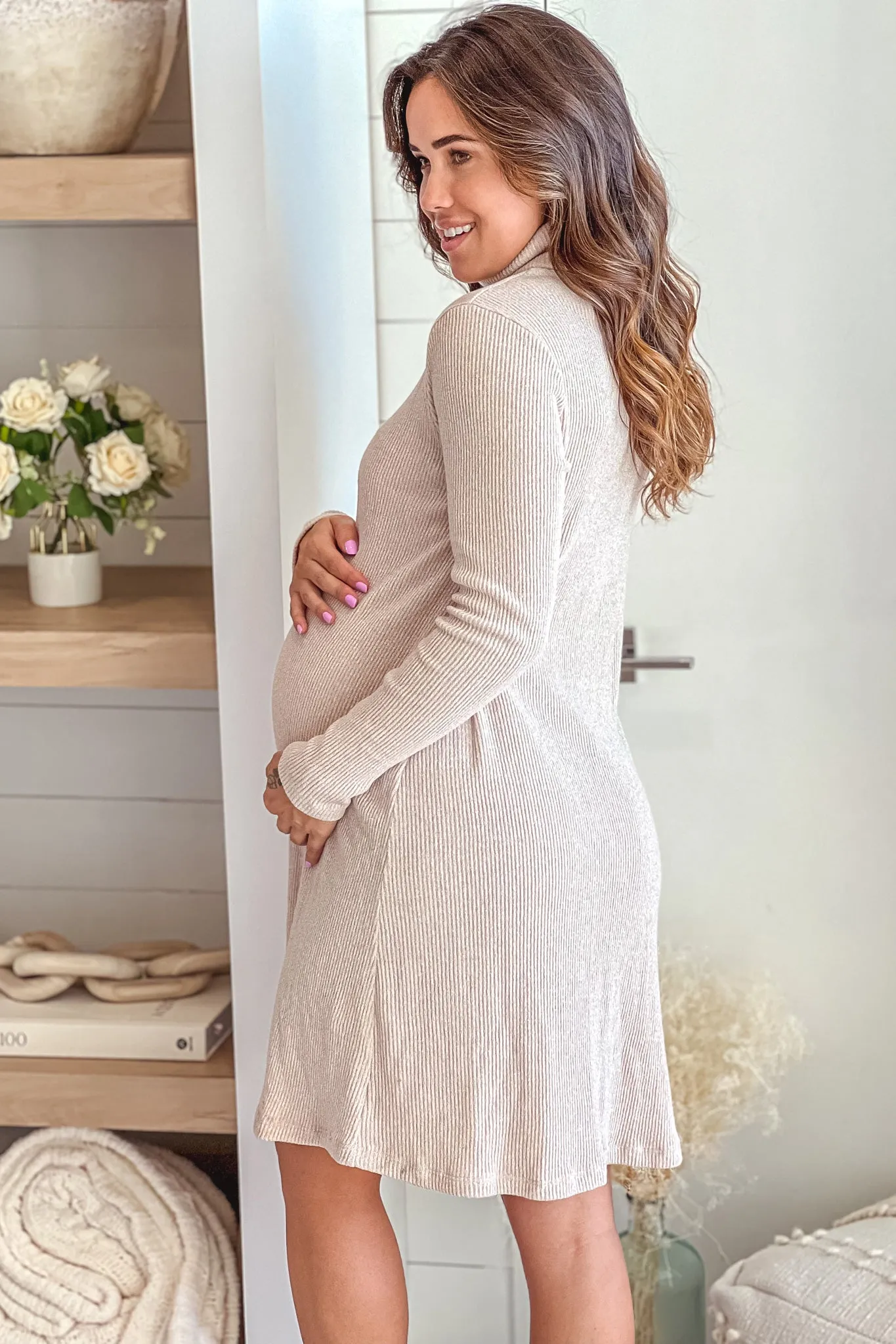 Beige Mock Neck Maternity Short Dress with Long Sleeves