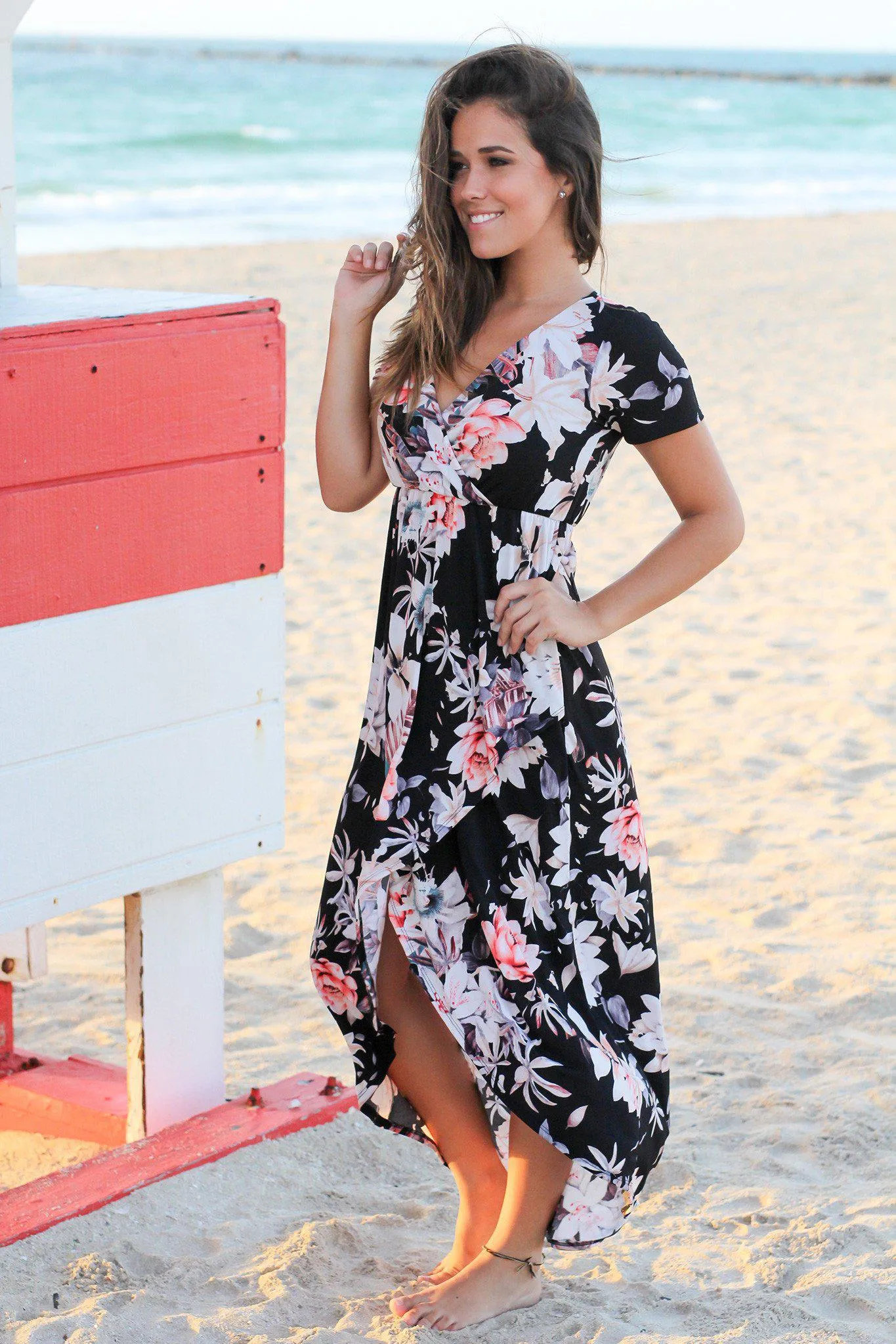 Black and Rose Floral High Low Dress