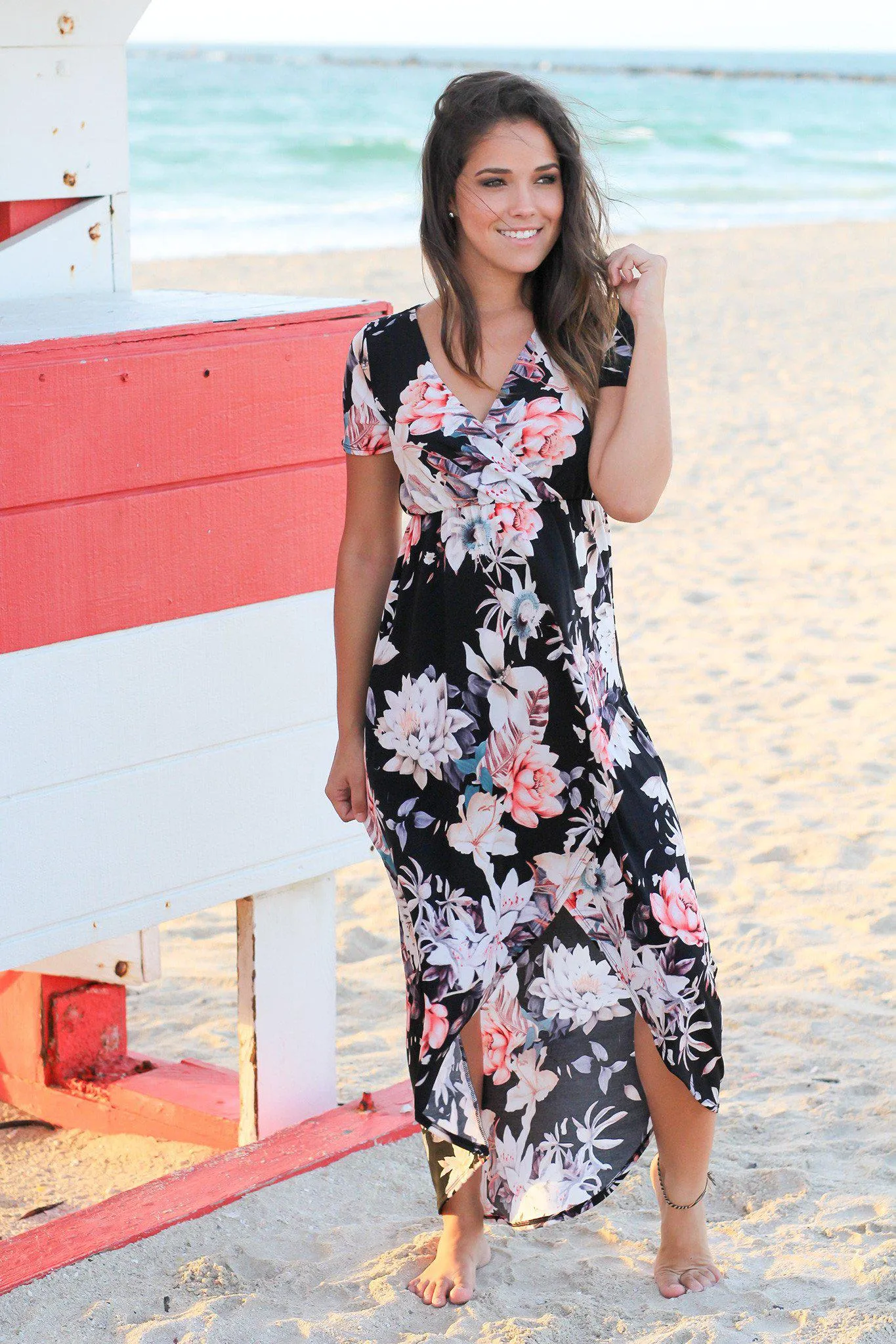 Black and Rose Floral High Low Dress