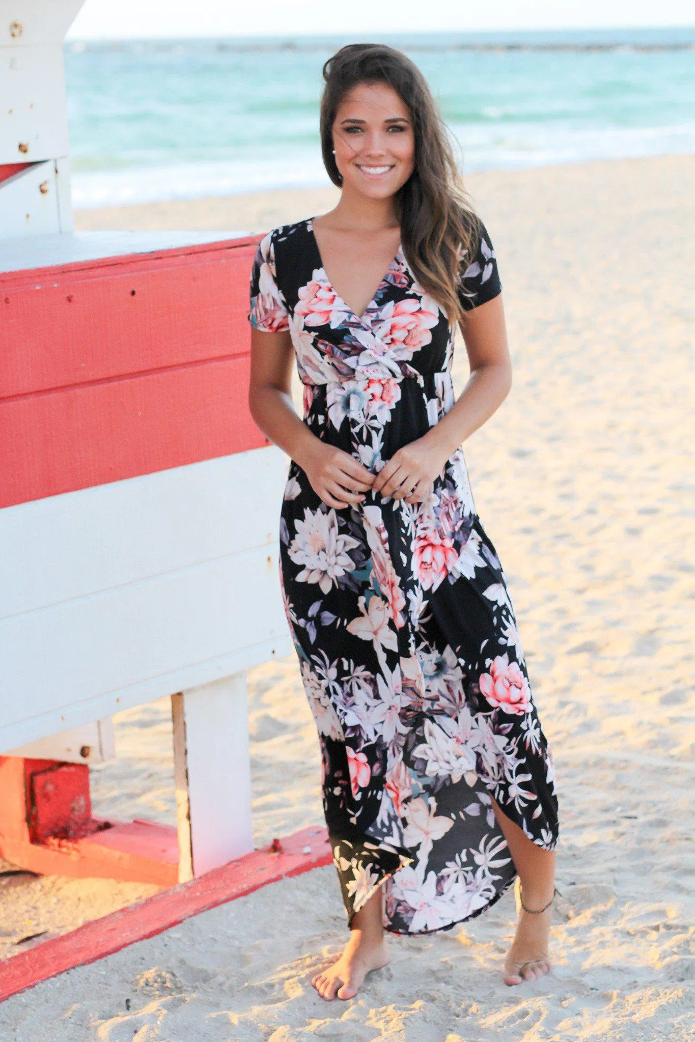 Black and Rose Floral High Low Dress