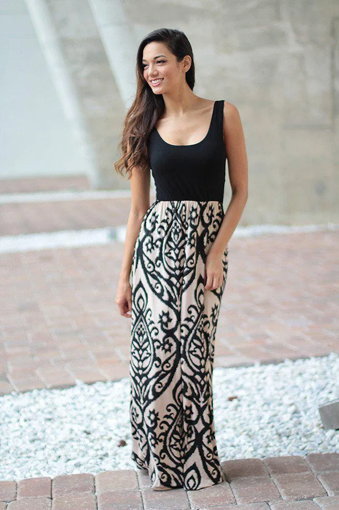 Black and Taupe Maxi Dress With Criss Cross Back