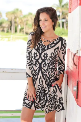 Black and Taupe Printed Criss Cross Short Dress