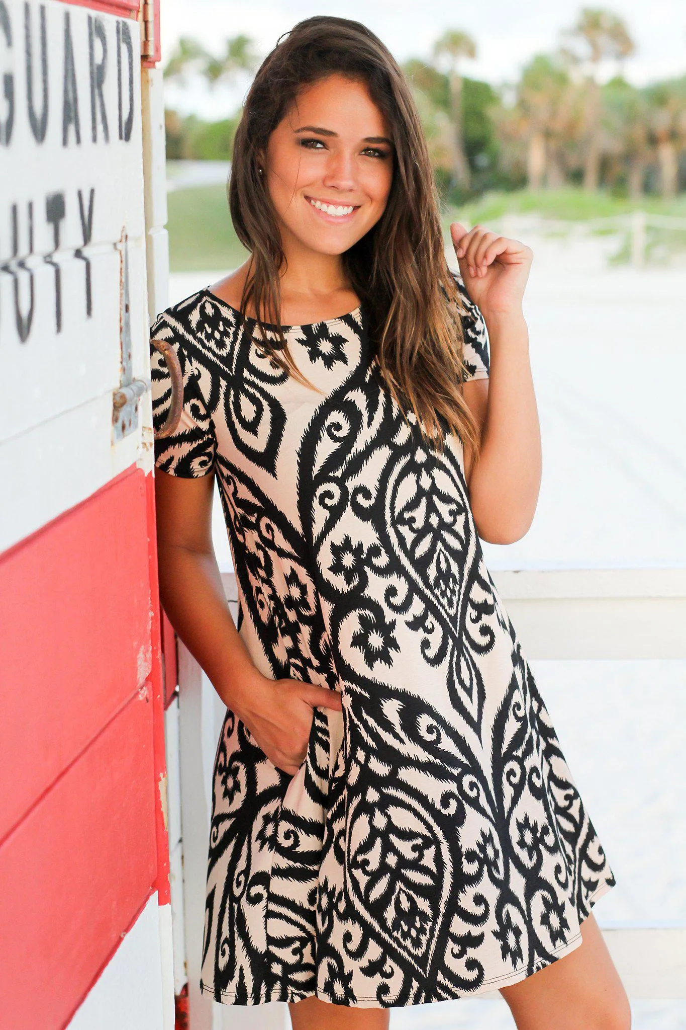 Black and Taupe Printed Swing Dress