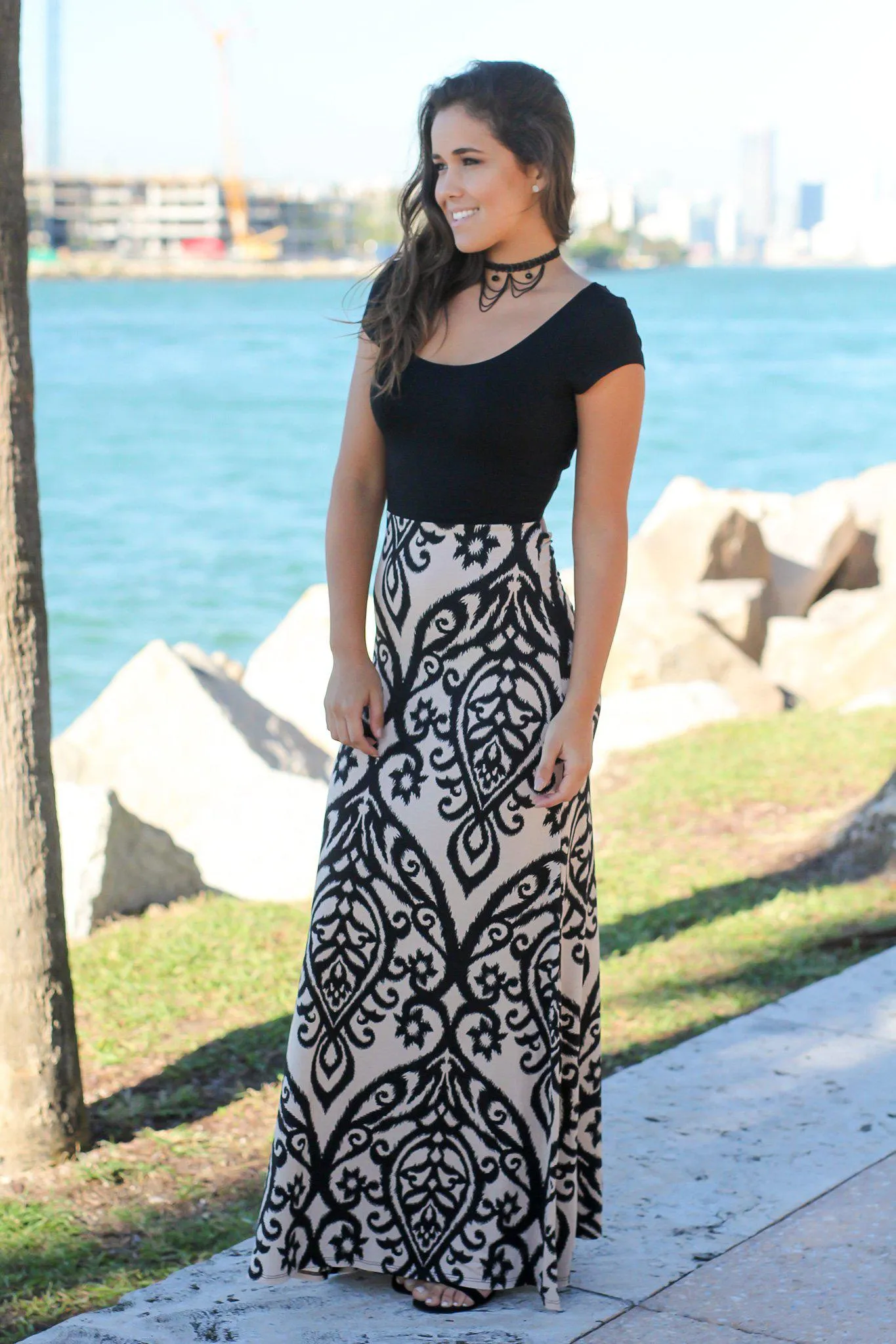 Black and Taupe Short Sleeve Maxi Dress with Criss Cross Back