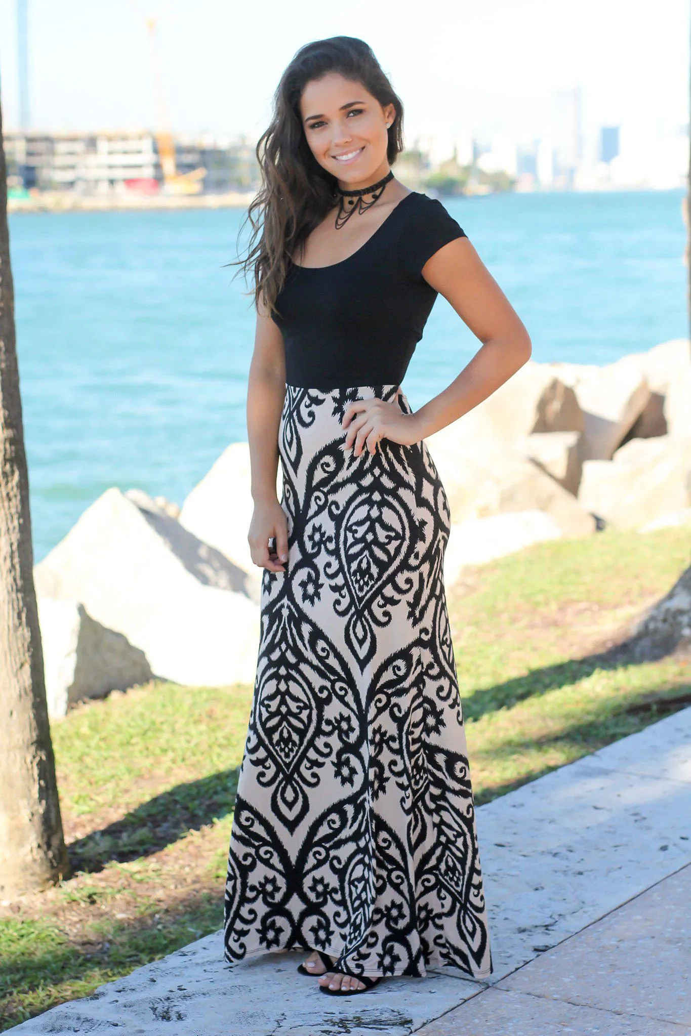 Black and Taupe Short Sleeve Maxi Dress with Criss Cross Back