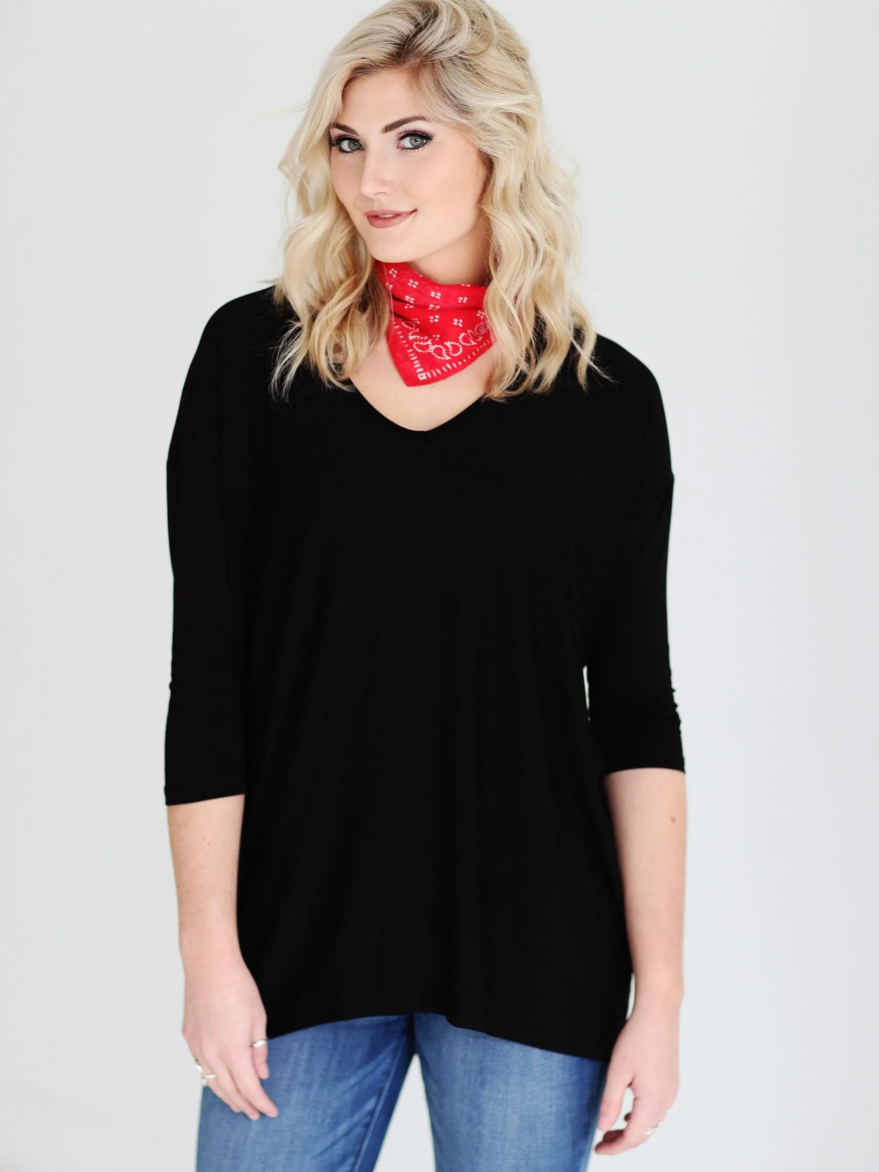 Black DLMN V-Neck 3/4 Sleeve Tunic