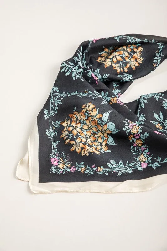 Black Floral Printed Silky Bandana Scarf