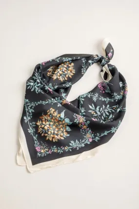 Black Floral Printed Silky Bandana Scarf