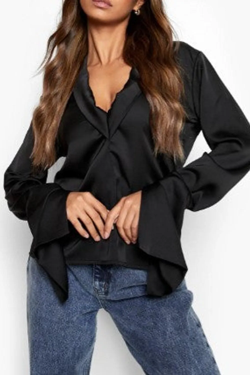 Black Me Deep Neck Cuff Wrap Blouse