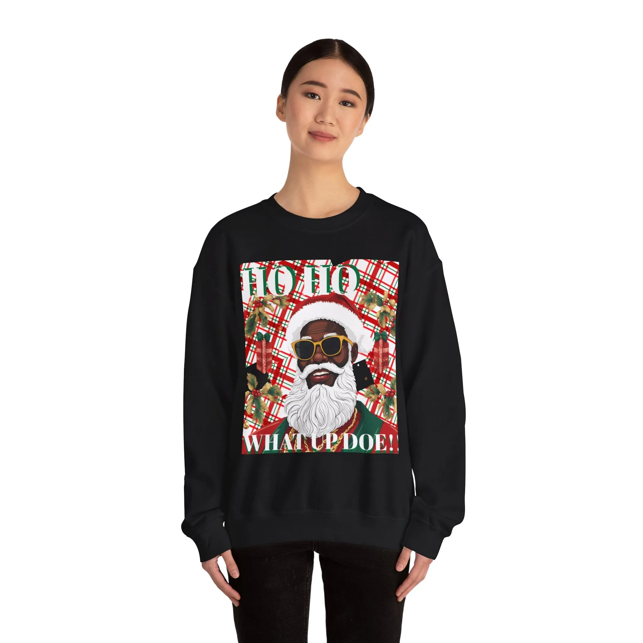 Black Santa with Shades Unisex Sweatshirt -Crewneck Jumper, Holiday Santa Apparel, Festive Winter Pullover, Cool Santa Claus