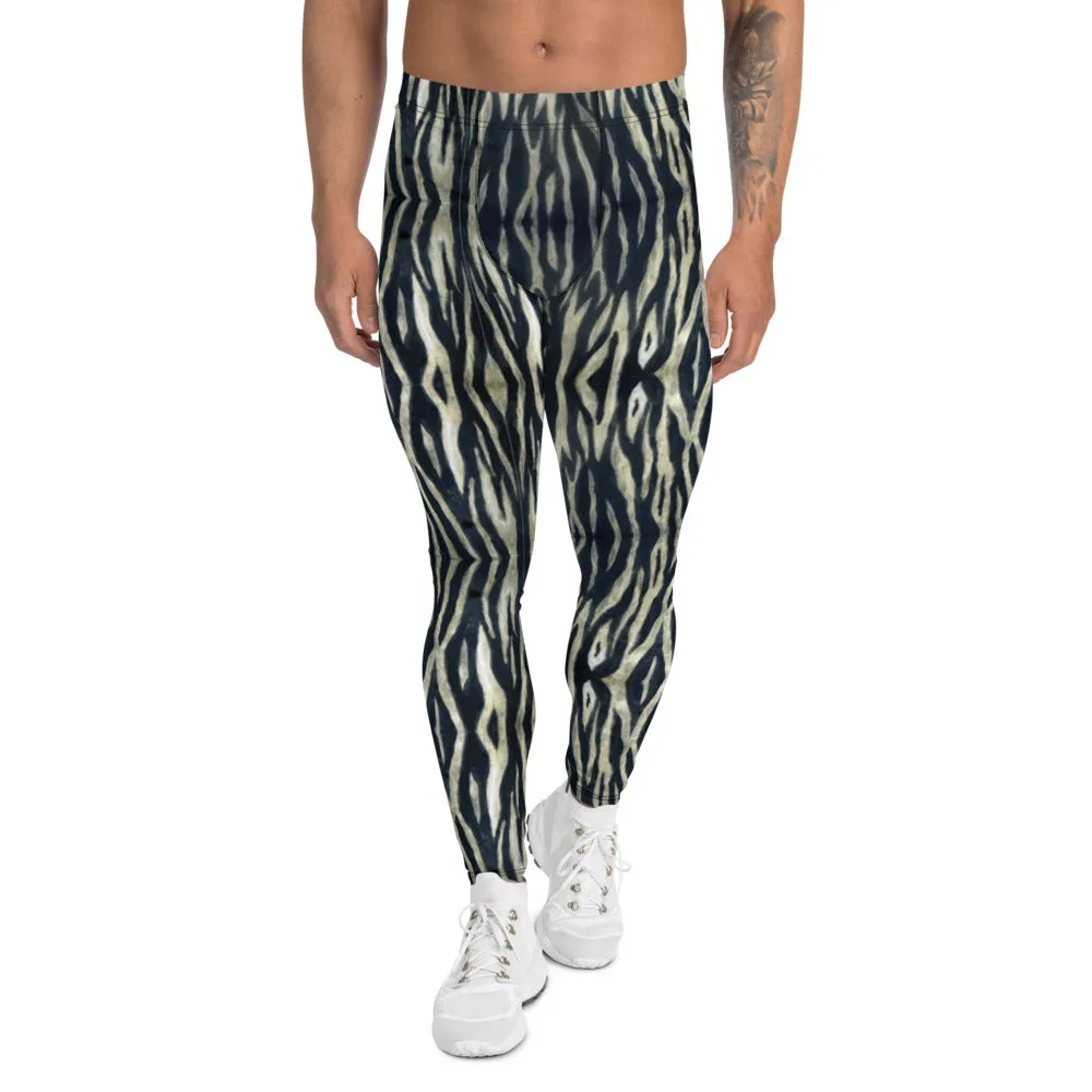 Black White Tiger Men's Leggings, Animal Stripes Print Designer Meggings Tights-Made in USA/EU