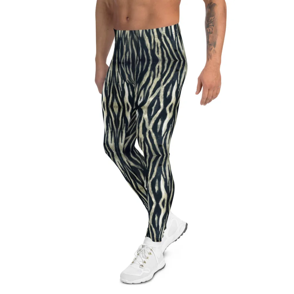 Black White Tiger Men's Leggings, Animal Stripes Print Designer Meggings Tights-Made in USA/EU