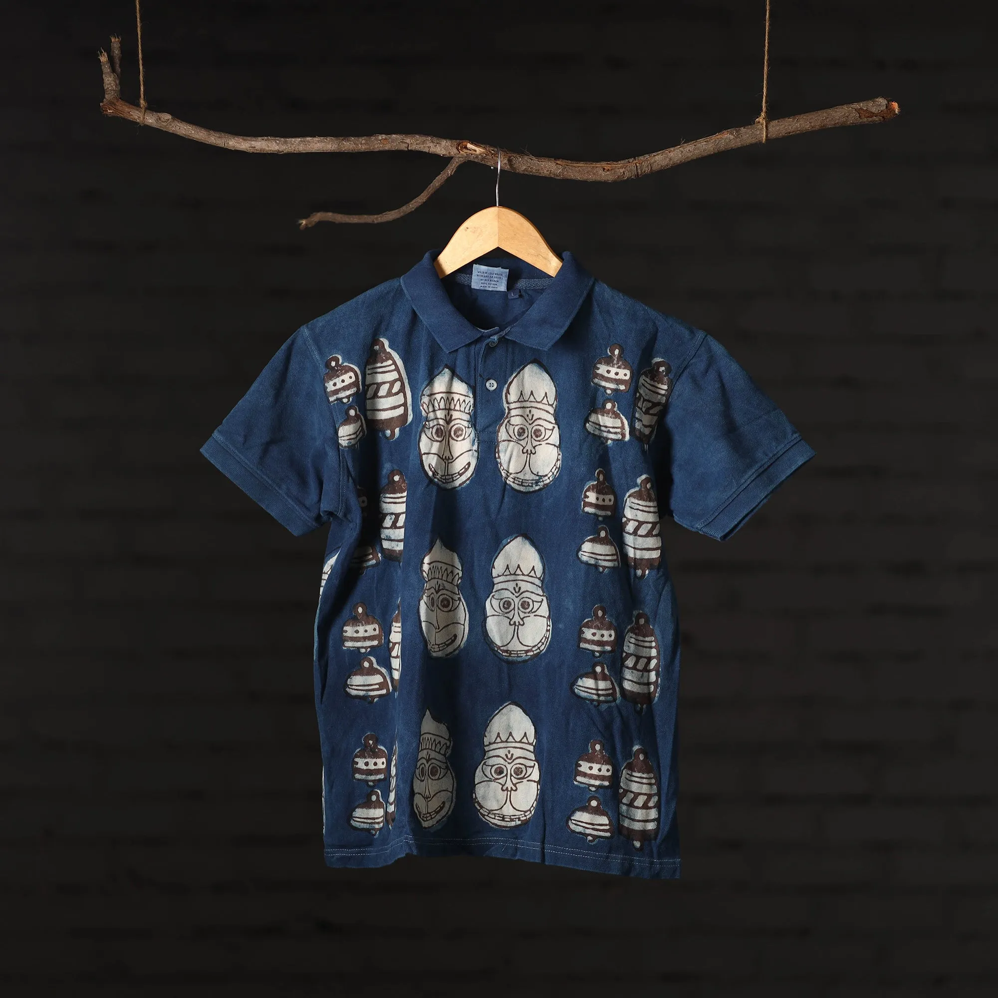 Blue - Bindaas Block Art Printed Polo Collar T-shirt in Cotton