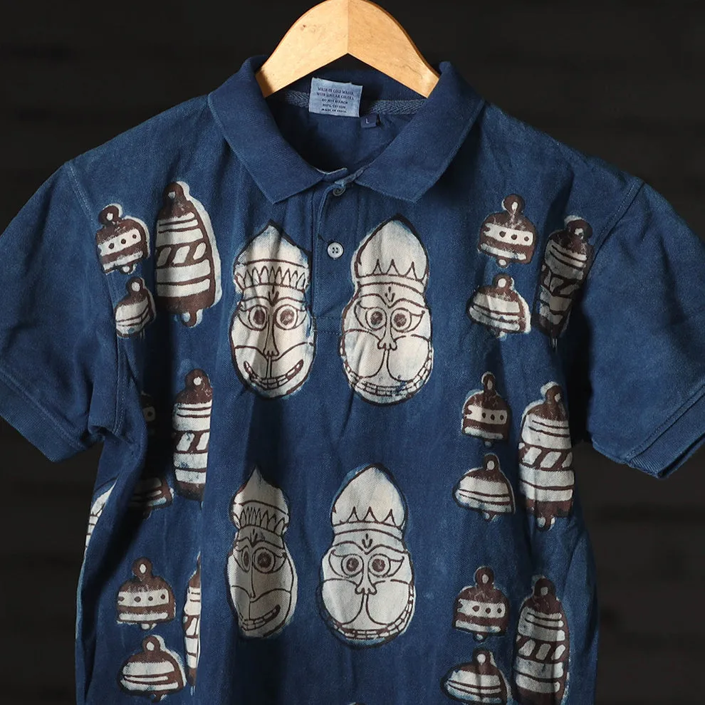 Blue - Bindaas Block Art Printed Polo Collar T-shirt in Cotton