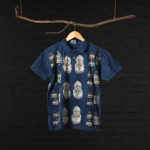 Blue - Bindaas Block Art Printed Polo Collar T-shirt in Cotton