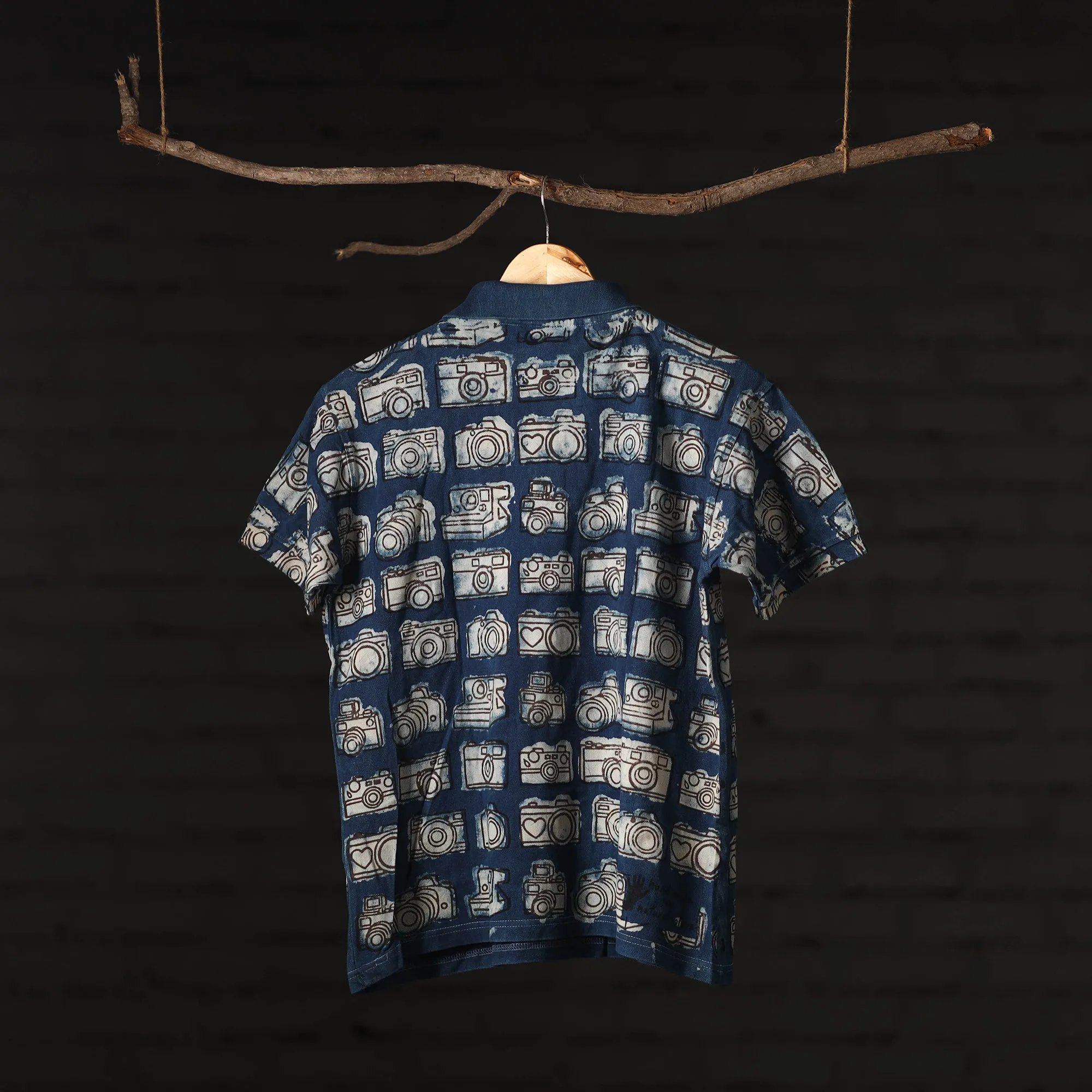 Blue - Bindaas Natural Dyed Art Block Print  Polo Collar T-shirt in Cotton