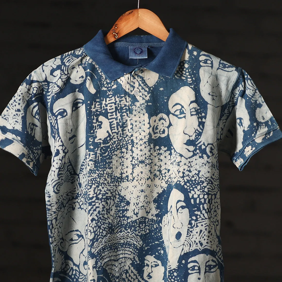 Blue - Bindaas Natural Dyed Art Block Print Unisex Polo Collar T-shirt in Cotton