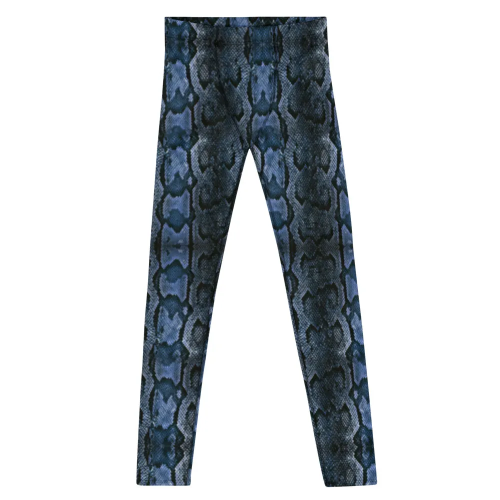 Blue Snake Print Men's Leggings, Python Snake Skin Rave Party Tights For Men -Made in USA/EU