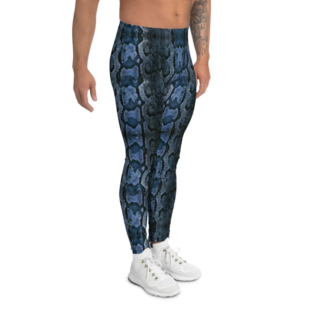 Blue Snake Print Men's Leggings, Python Snake Skin Rave Party Tights For Men -Made in USA/EU