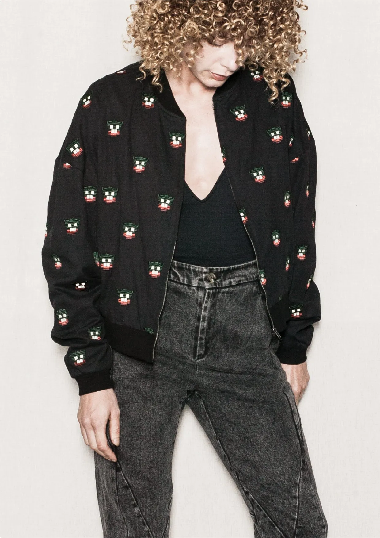 BOMBER JACKET - LINEN black with embroidery