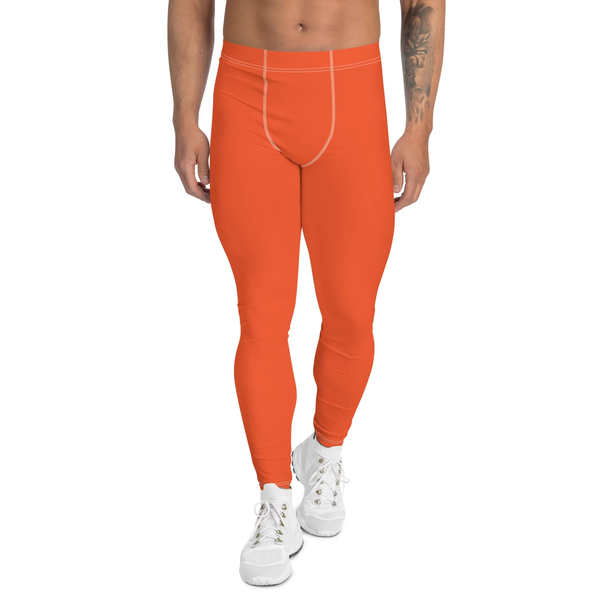 Bright Orange Color Men's Leggings, Solid Orange Color Premium Designer Men's Tight Pants - Made in USA/EU/MX