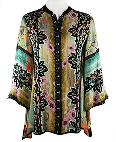 Citron Red Landscape Poppies, Asian Style Vintage Mandarin Collar Silk Tunic