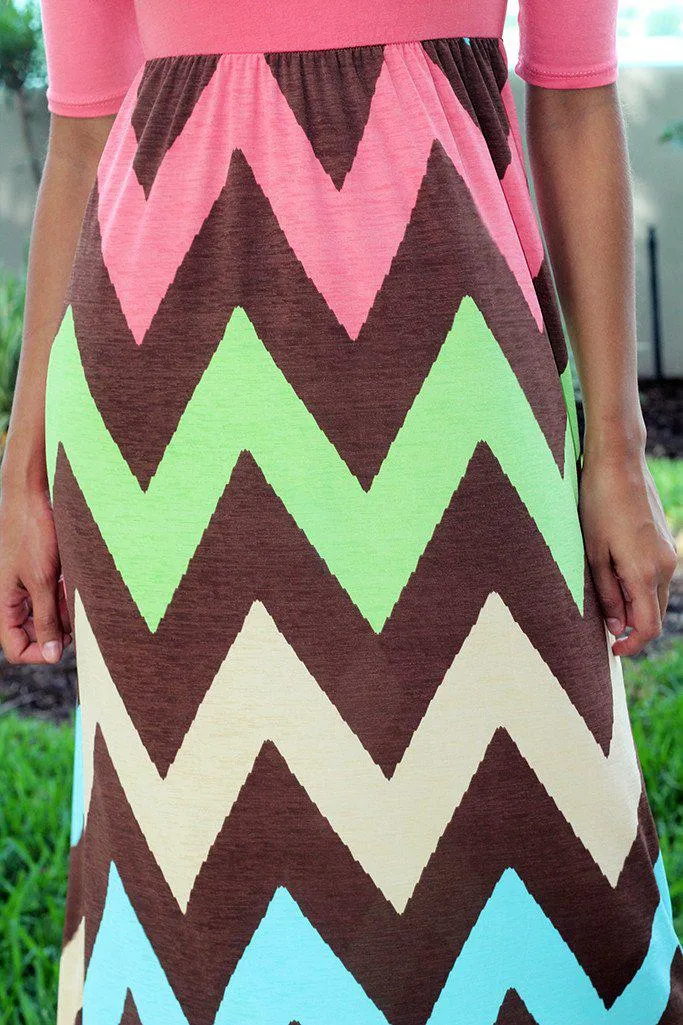 Coral Chevron Maxi Dress with 3/4 Sleeves