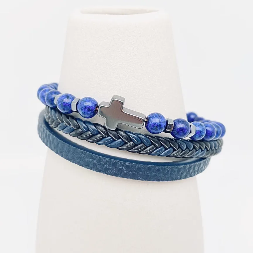 Cross Natural Stone Beaded Men's Leather Bracelet - Blue Lapis Lazus