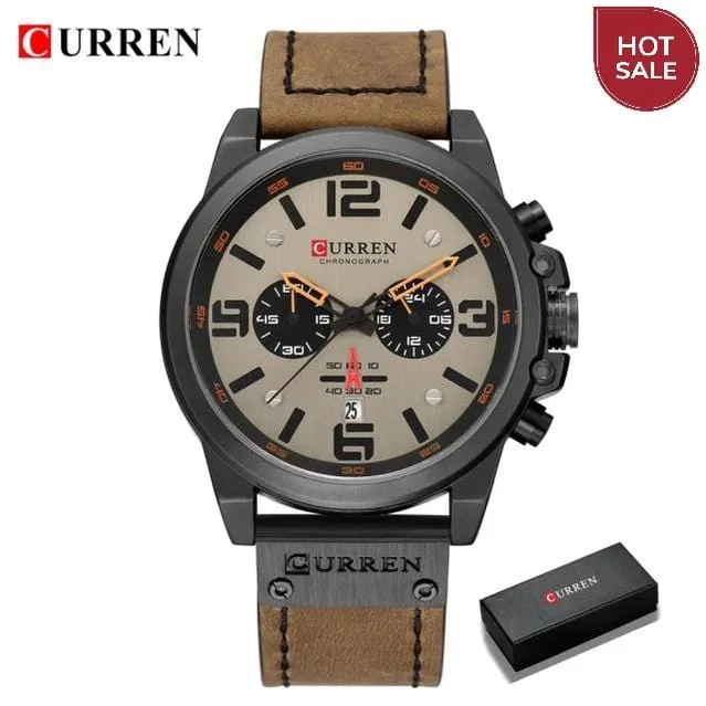 CURREN Mens Watches Top Luxury Brand Waterproof Sport Wrist Watch Chronograph Quartz Military Genuine Leather Relogio Masculino