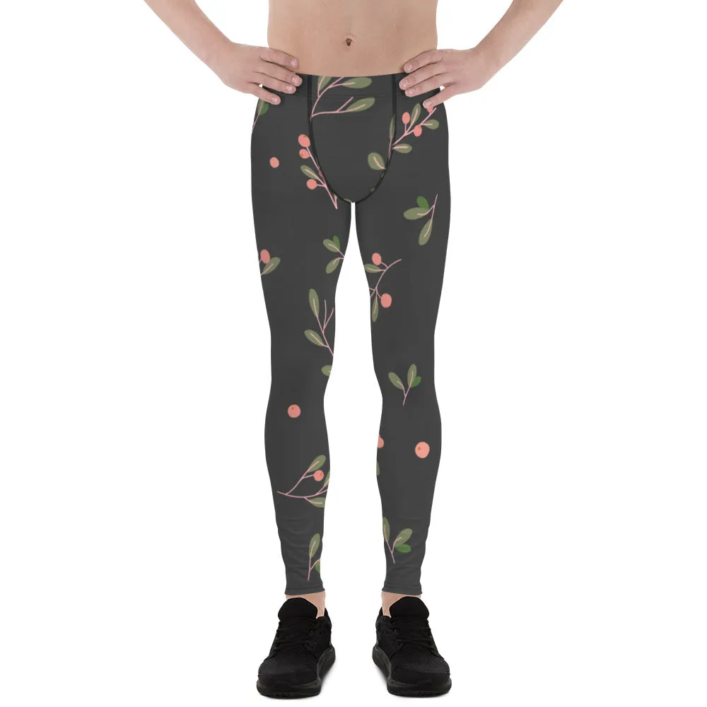 Dark Floral Best Men's Leggings, Classic Flower Print Best Designer Compression Tights For Men-Made in USA/EU/MX