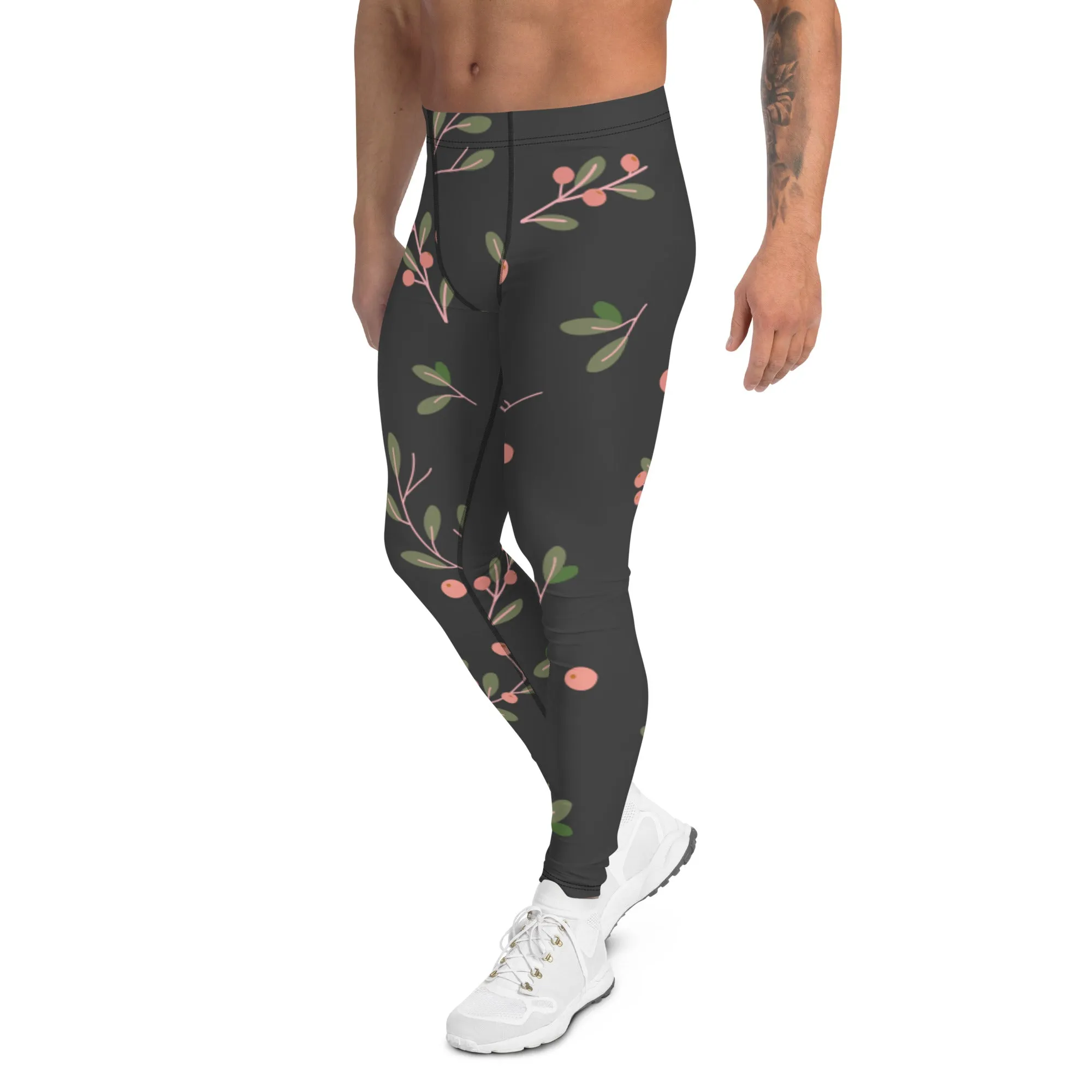 Dark Floral Best Men's Leggings, Classic Flower Print Best Designer Compression Tights For Men-Made in USA/EU/MX