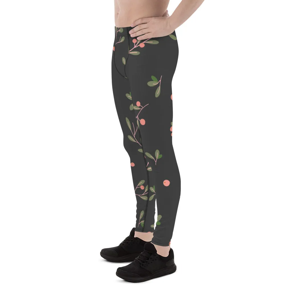 Dark Floral Best Men's Leggings, Classic Flower Print Best Designer Compression Tights For Men-Made in USA/EU/MX